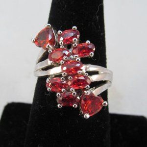 Red Crystal Cluster Silver Tone Cocktail Ring